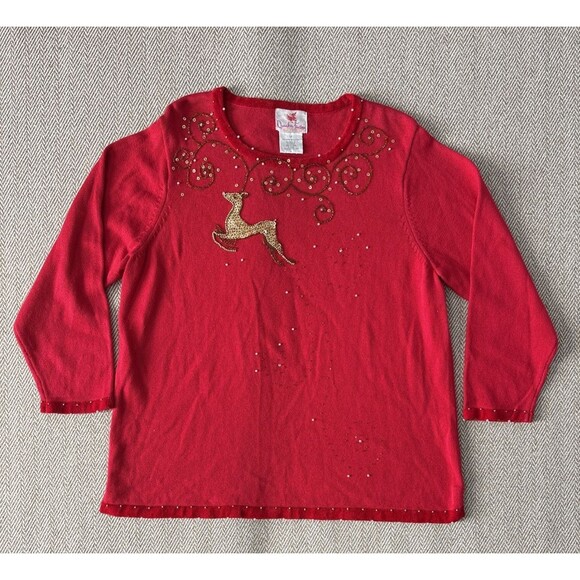 Quacker Factory Red Sequin Gold Reindeer Size Large Christmas Holiday - Picture 1 of 4